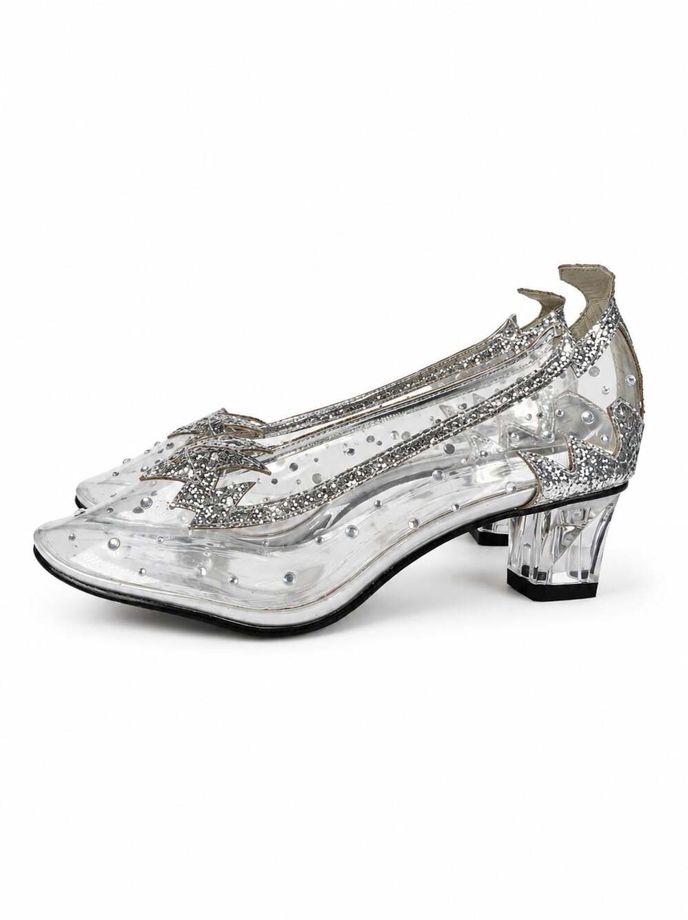 Ellie Shoes 212-ARIEL Clear Glass Slipper Block Heels with Silver Glitter Star D